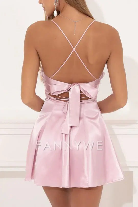 FannyWe Pink Spaghetti Straps Scoop Pleats Satin Short Cocktail Homecoming Dress formal wear dresses